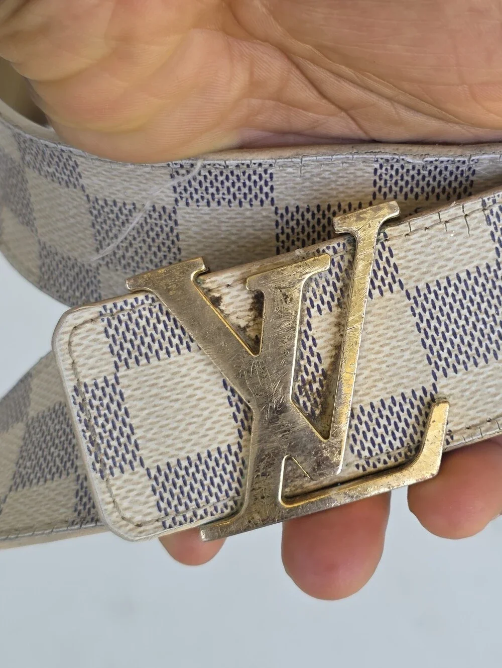 Authentic Louis Vuitton Damier Azur LV Initials Belt Gold Buckle Unisex